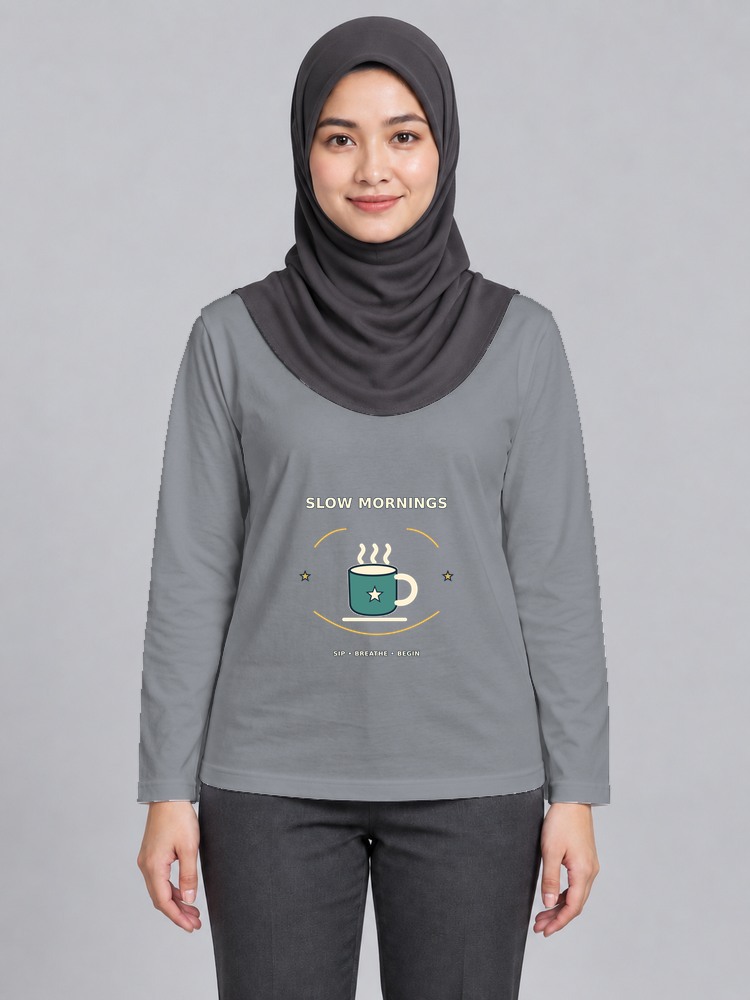 T-shirt Slow Morning Wanita Bertudung Lengan Panjang front