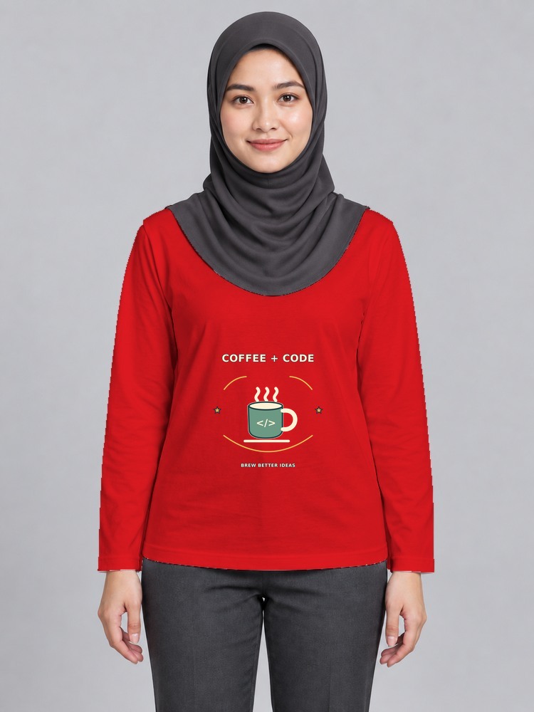 T-shirt Coffee And Code Wanita Bertudung Lengan Panjang front